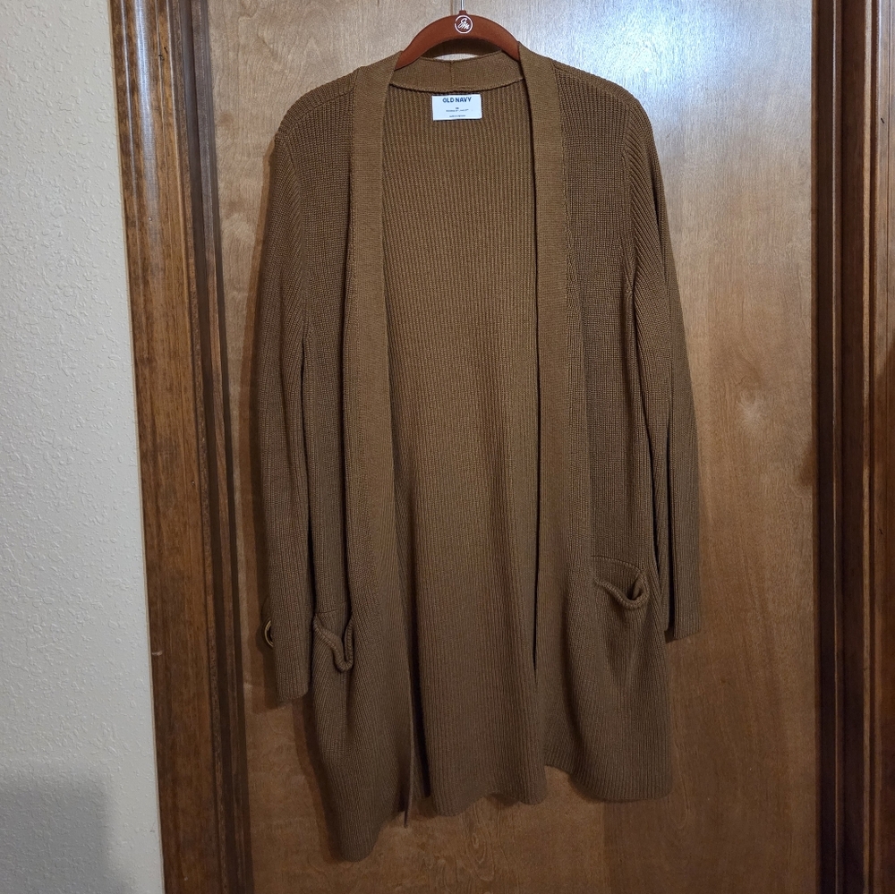 Brown Ribbed Open Front Sweater